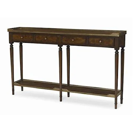 Beckett 4 Drawer Narrow Console Table with Antique Brass Galleries on Table Top and Bottom Shelf